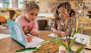 Two young children drawing together at SPHDS